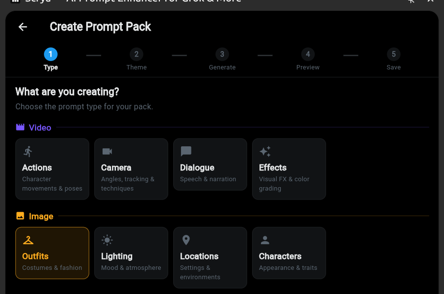 Scrya — Create Prompt Pack wizard with 8 prompt types for Video and Image