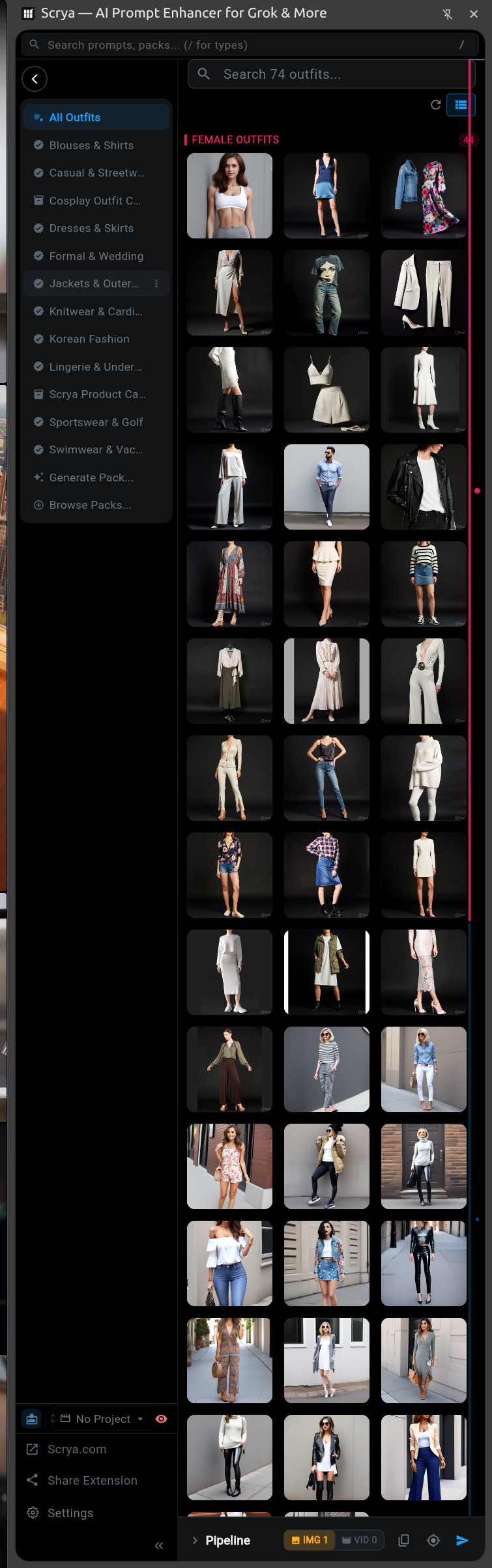 Scrya outfits tab — 3,000+ clothing prompts across 16 categories with AI thumbnails